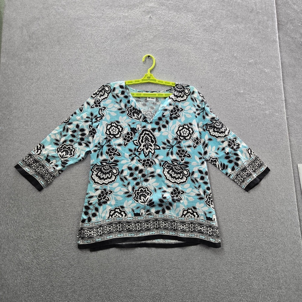 JM‎ Collection Women Blouse 14P Blue Linen Floral Petite V-Neck Tunic Artsy